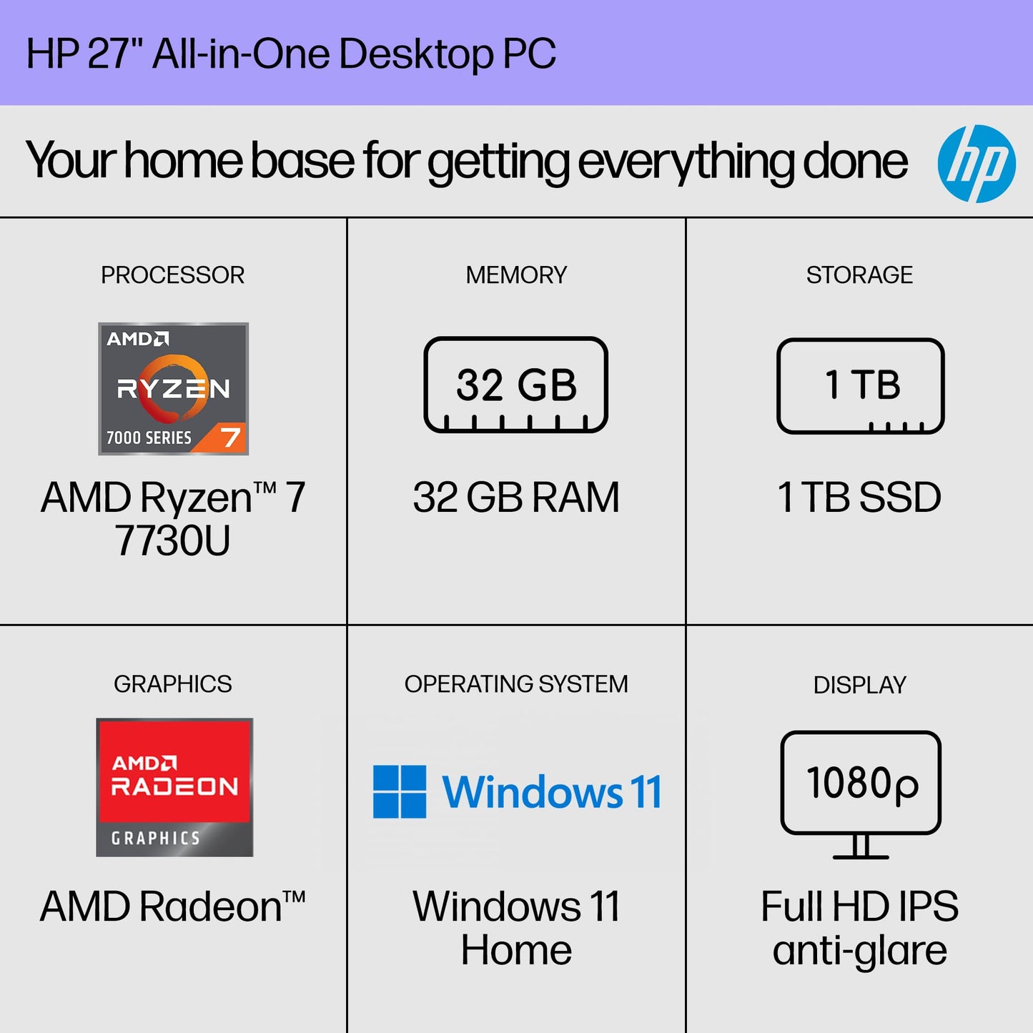 HP 27 inch All-in-One Desktop PC, FHD Display, AMD Ryzen 7 7730U, 32 GB RAM, 1 TB SSD, AMD Radeon Graphics, Windows 11 Home, 27-cr0012 (2024)