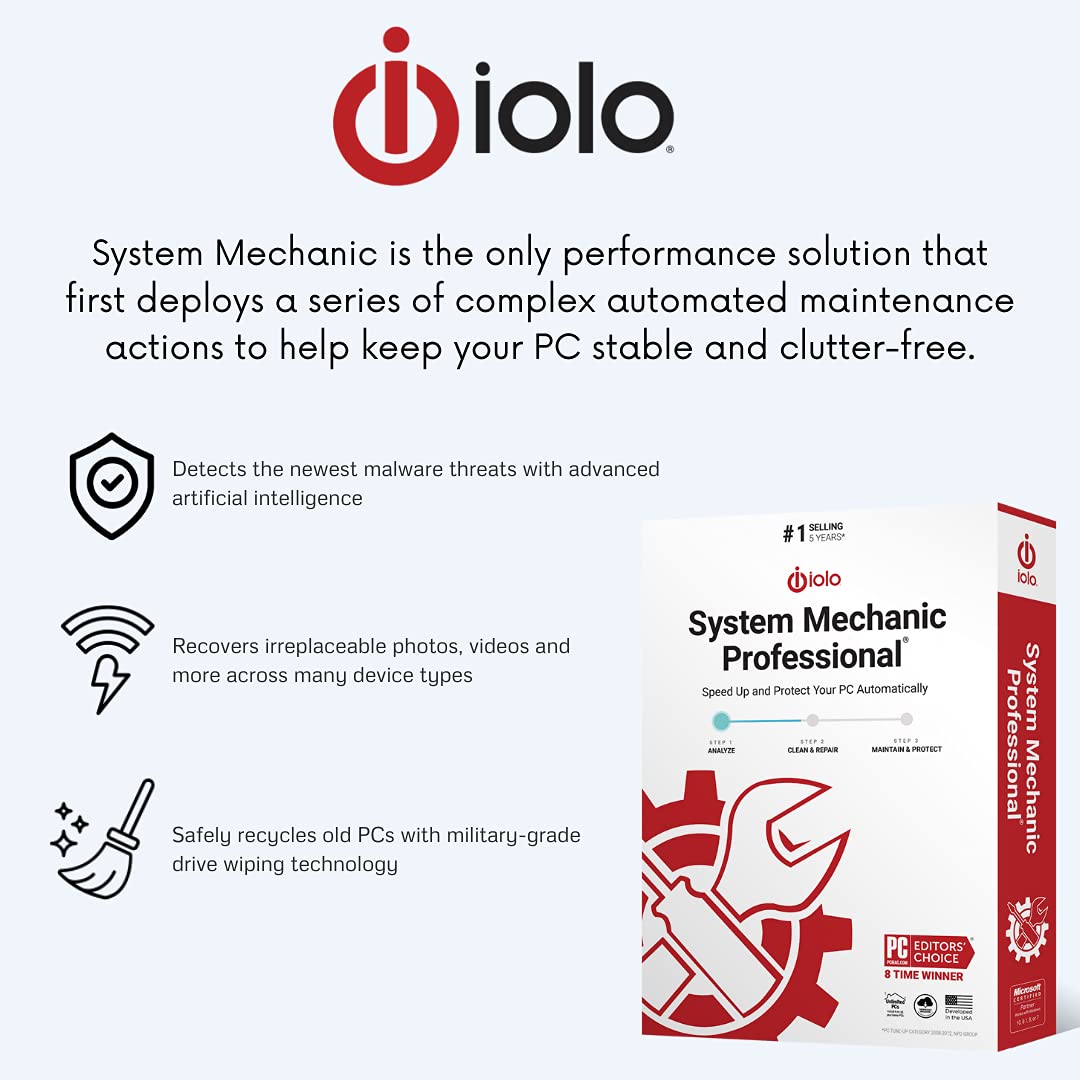 iolo - System Mechanic Pro, Computer Cleaner for Windows, Blocks Viruses and Spyware, Restores System Speed, Software License
