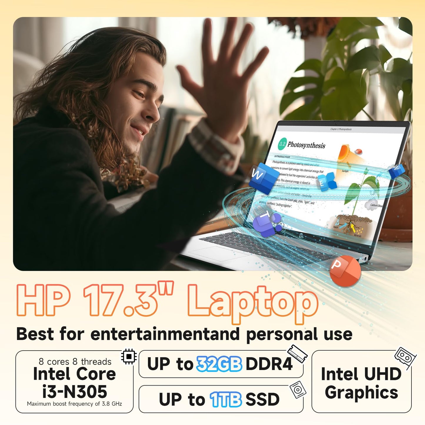 HP 2025 17.3" FHD Laptop, Intel Core i3-N305 (32GB RAM | 1TB SSD), Windows 11 Pro, Wi-Fi 6, Bluetooth, Webcam, Up to 9.5 Hours Battery Life–Business Laptop for Work & Students, w/Accessories