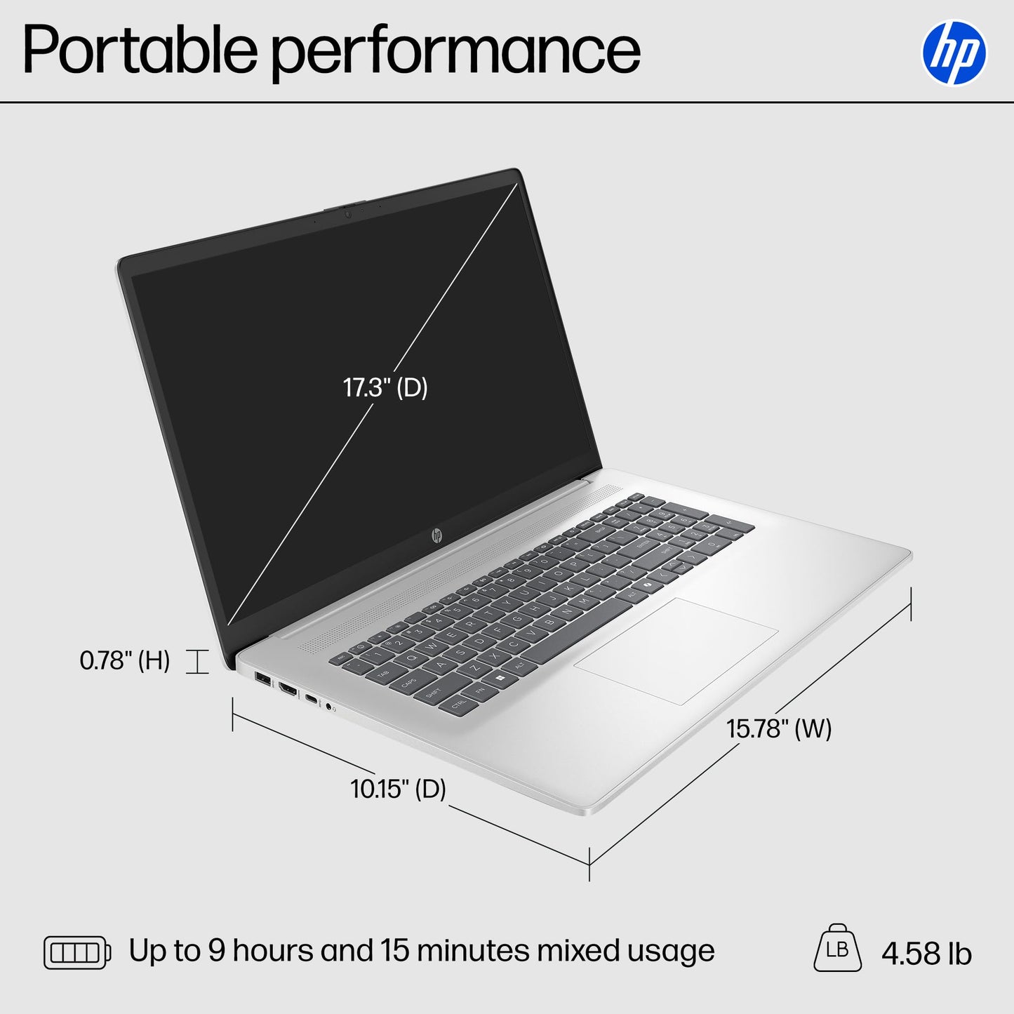 HP 17.3 inch Laptop, HD+ Display, AMD Ryzen 5 7520U, 16 GB RAM, 512 GB SSD, AMD Radeon Graphics, Windows 11 Home, Natural Silver, 17-cp2199nr