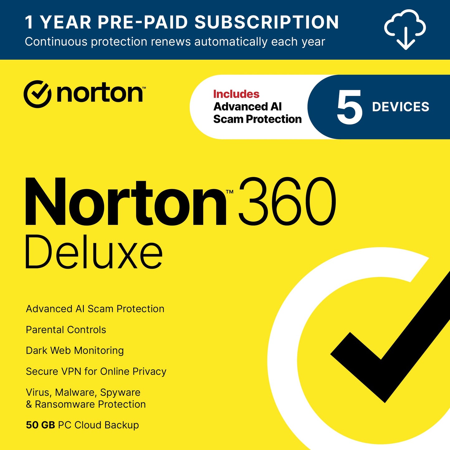 Norton 360 Deluxe 2025, Antivirus software for 5 Devices with Auto-Renewal – Includes Advanced AI Scam Protection, VPN, Dark Web Monitoring & PC Cloud Backup [Download]
