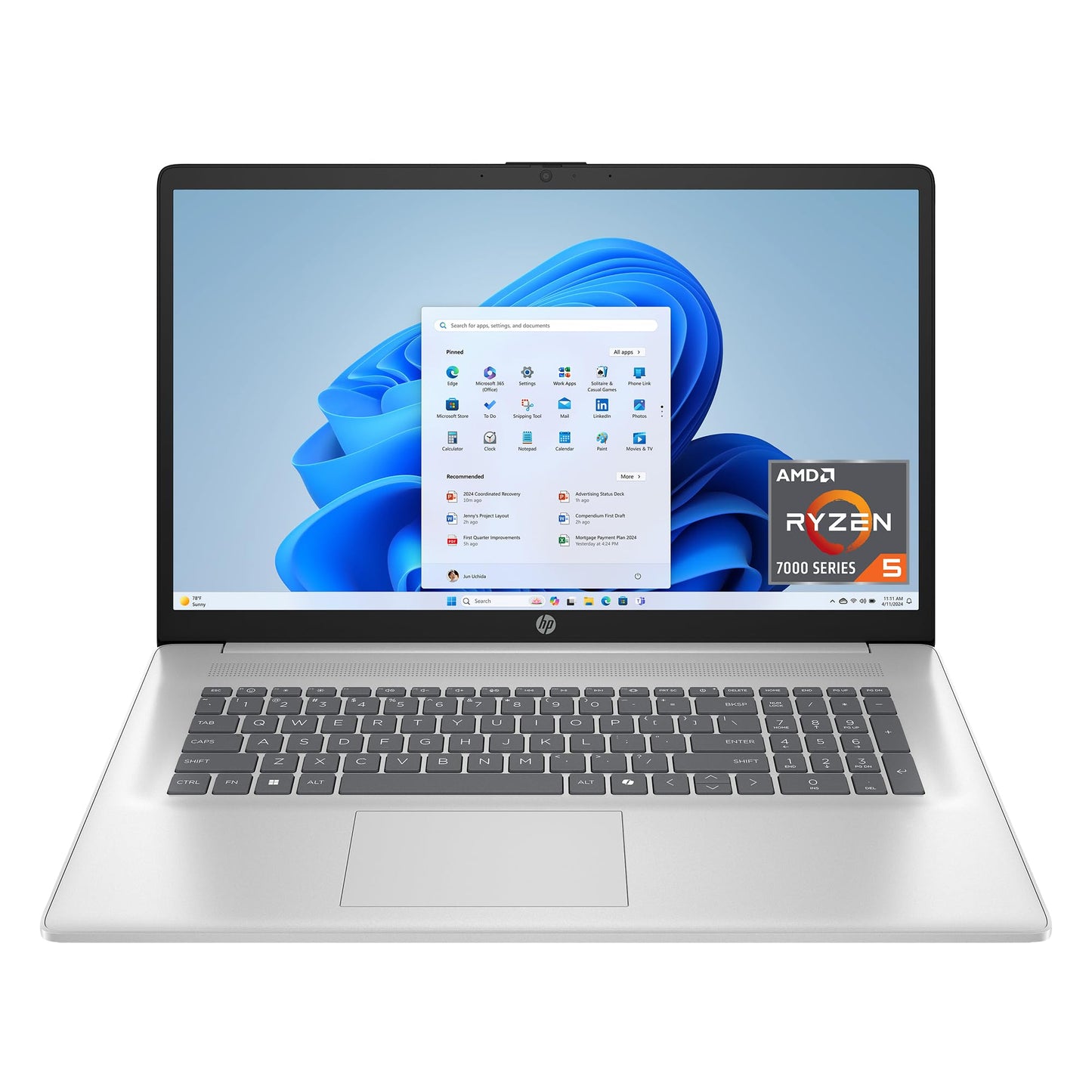 HP 17.3 inch Laptop, HD+ Display, AMD Ryzen 5 7520U, 16 GB RAM, 512 GB SSD, AMD Radeon Graphics, Windows 11 Home, Natural Silver, 17-cp2199nr